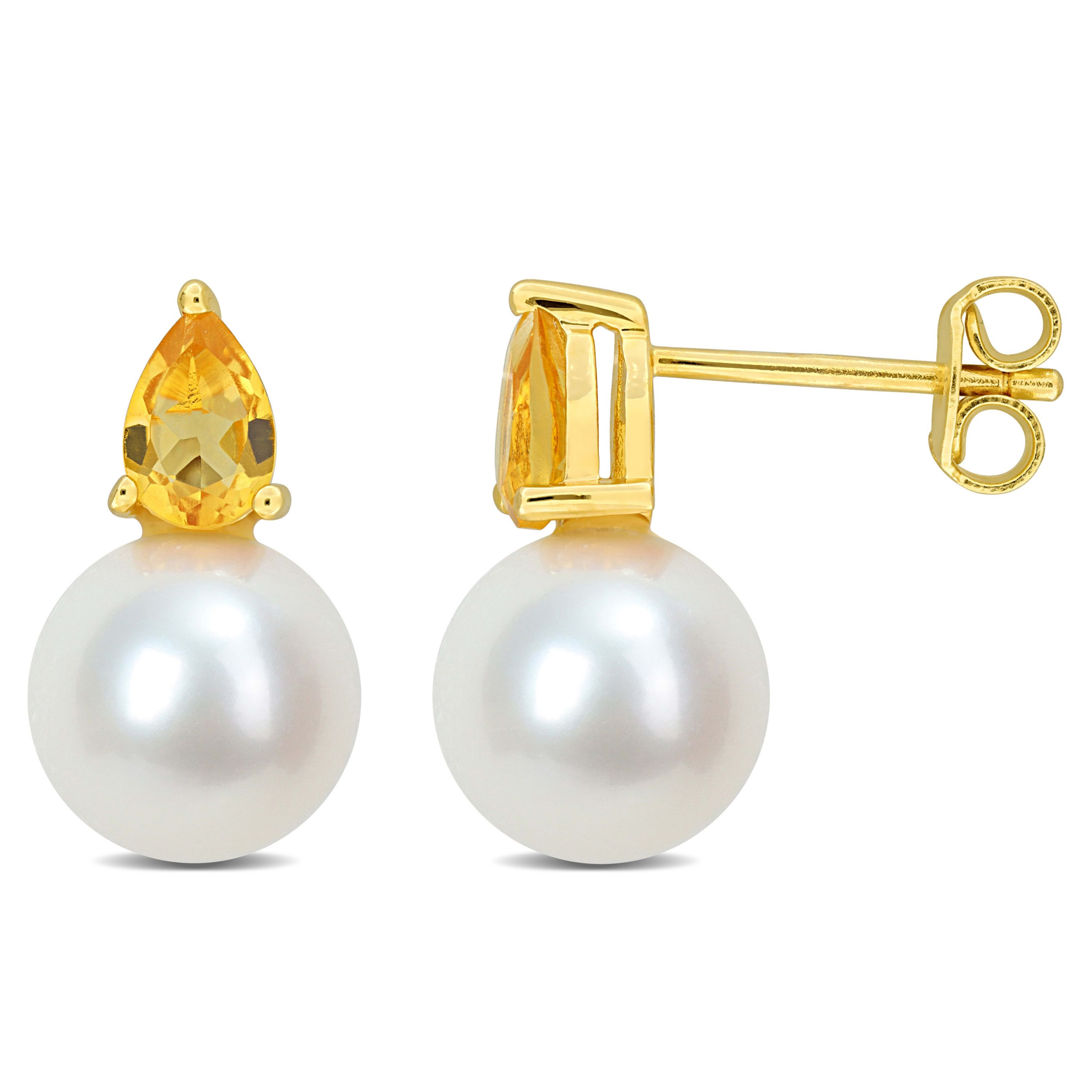 8.5-9MM Freshwater Cultured Pearl and Citrine Earrings in Yellow Plated Sterling Silver