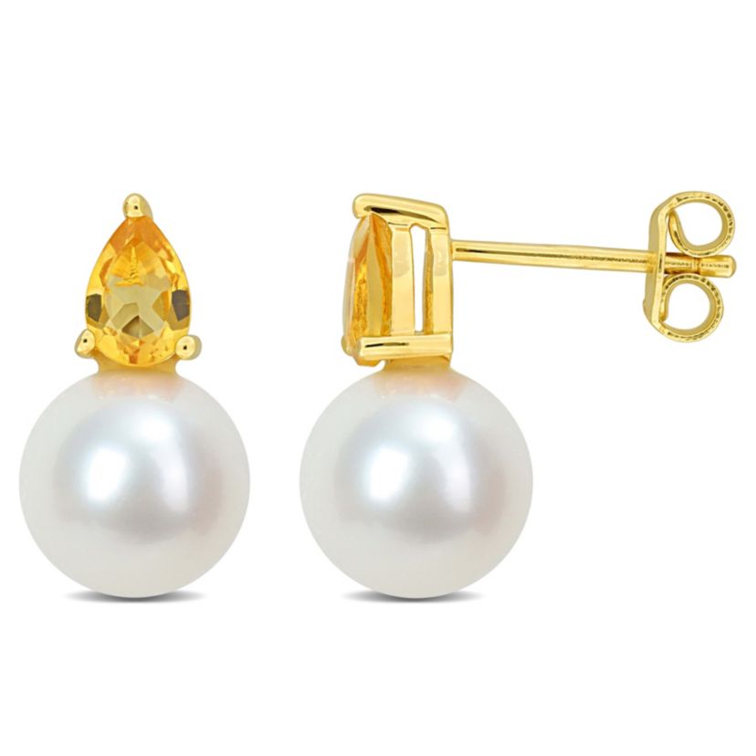 8.5-9MM Freshwater Cultured Pearl and Citrine Earrings in Yellow Plated Sterling Silver