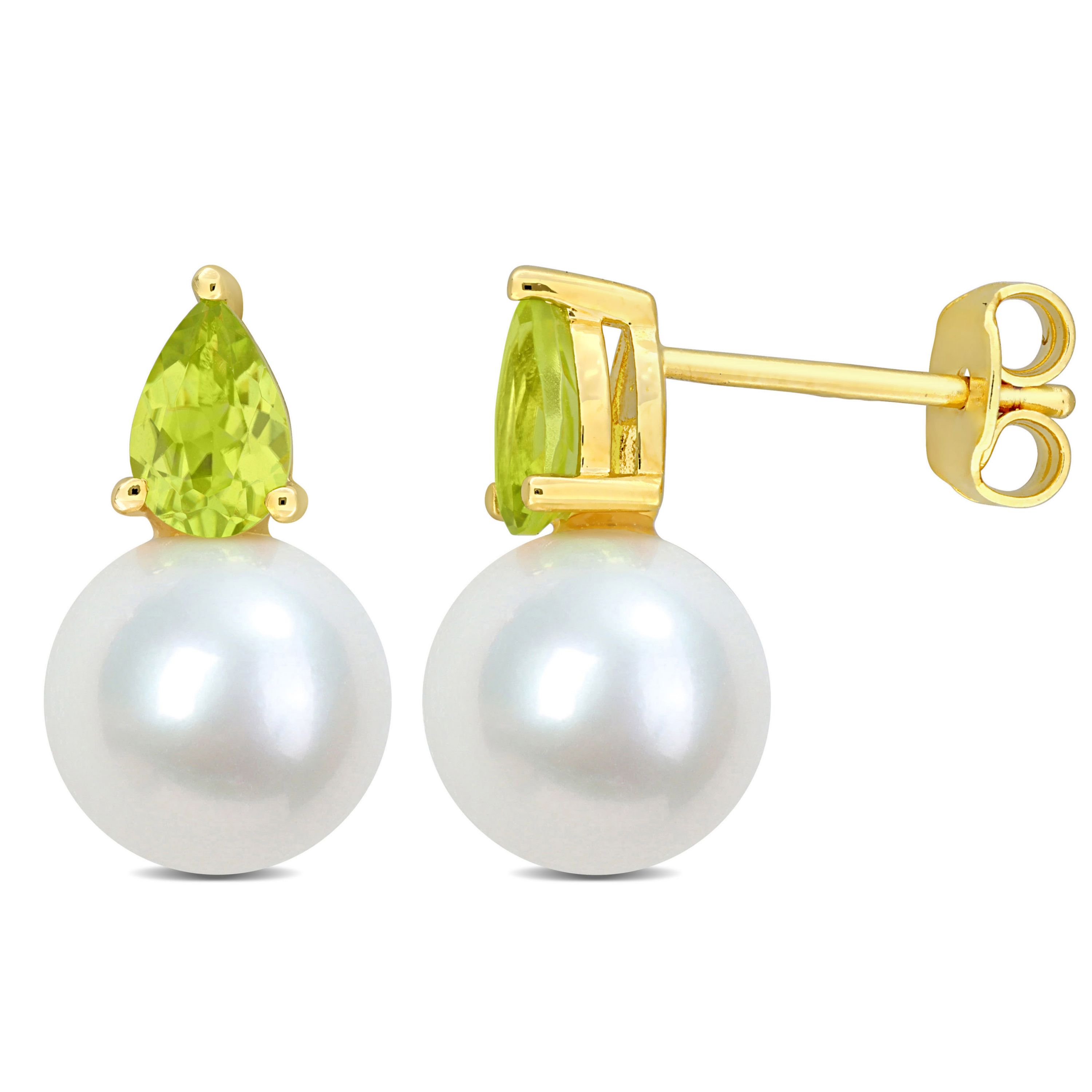 8.5-9MM Freshwater Cultured Pearl and Peridot Earrings in Yellow Plated Sterling Silver