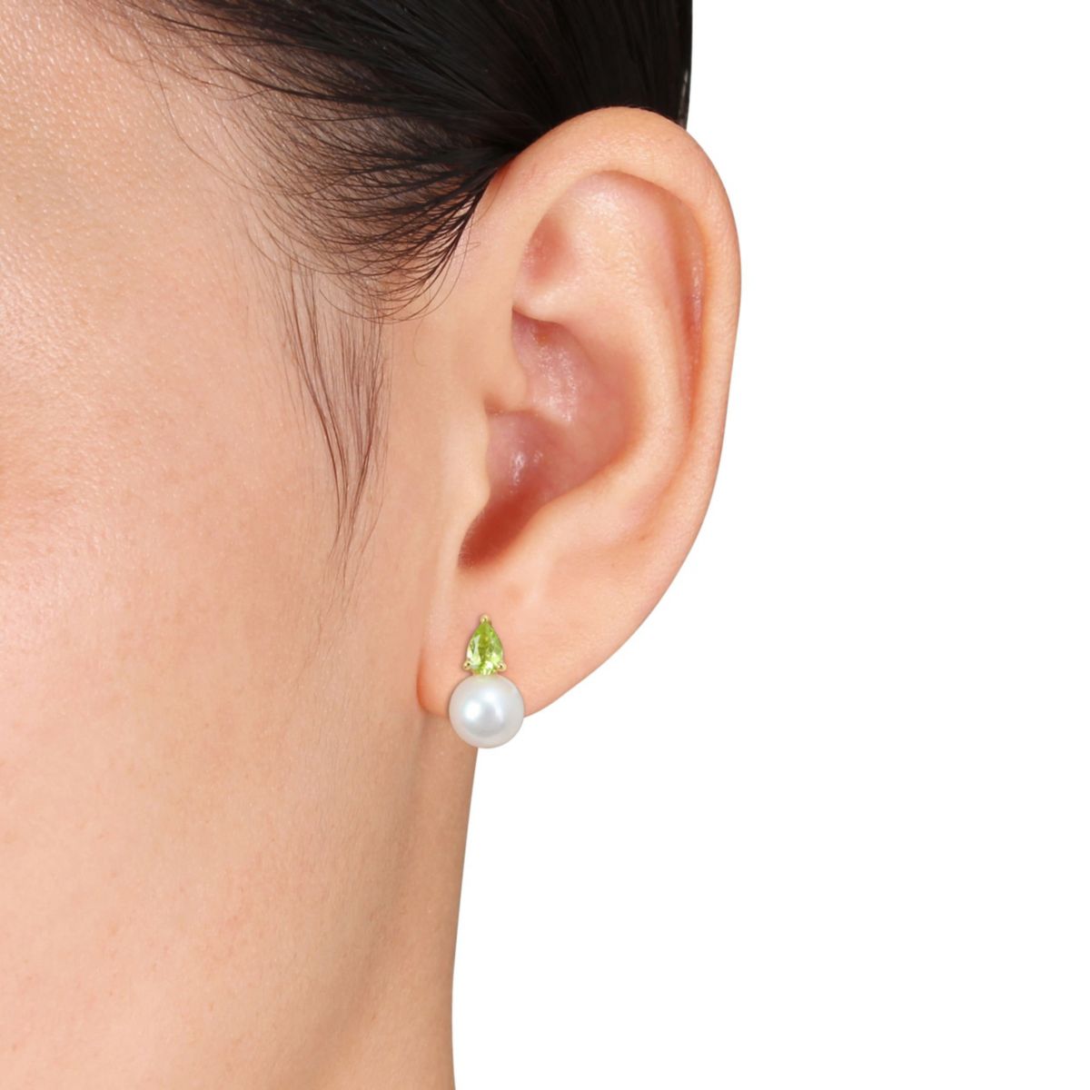 8.5-9MM Freshwater Cultured Pearl and Peridot Earrings in Yellow Plated Sterling Silver