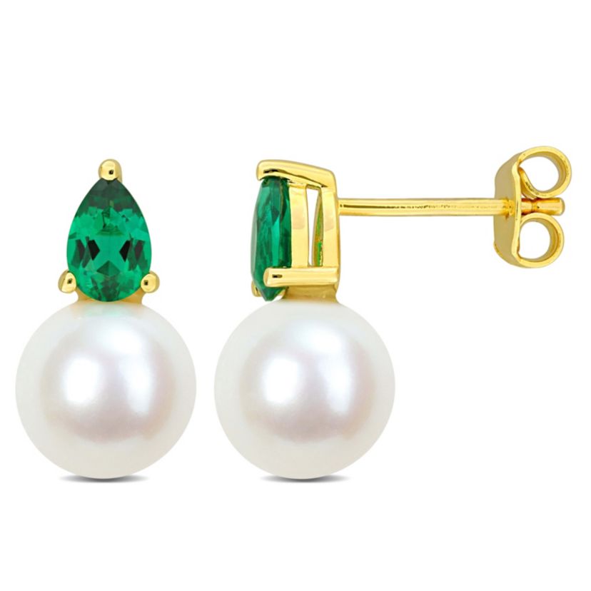 Lab Created 8.5-9MM Freshwater Cultured Pearl and Created Emerald Earrings in Yellow Plated Sterling Silver