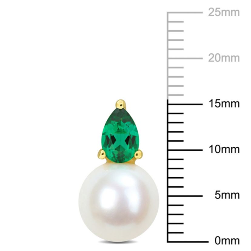 Lab Created 8.5-9MM Freshwater Cultured Pearl and Created Emerald Earrings in Yellow Plated Sterling Silver