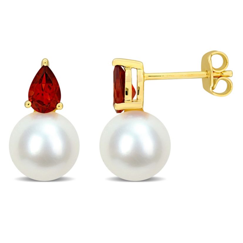 8.5-9MM Freshwater Cultured Pearl and Garnet Earrings in Yellow Plated Sterling Silver