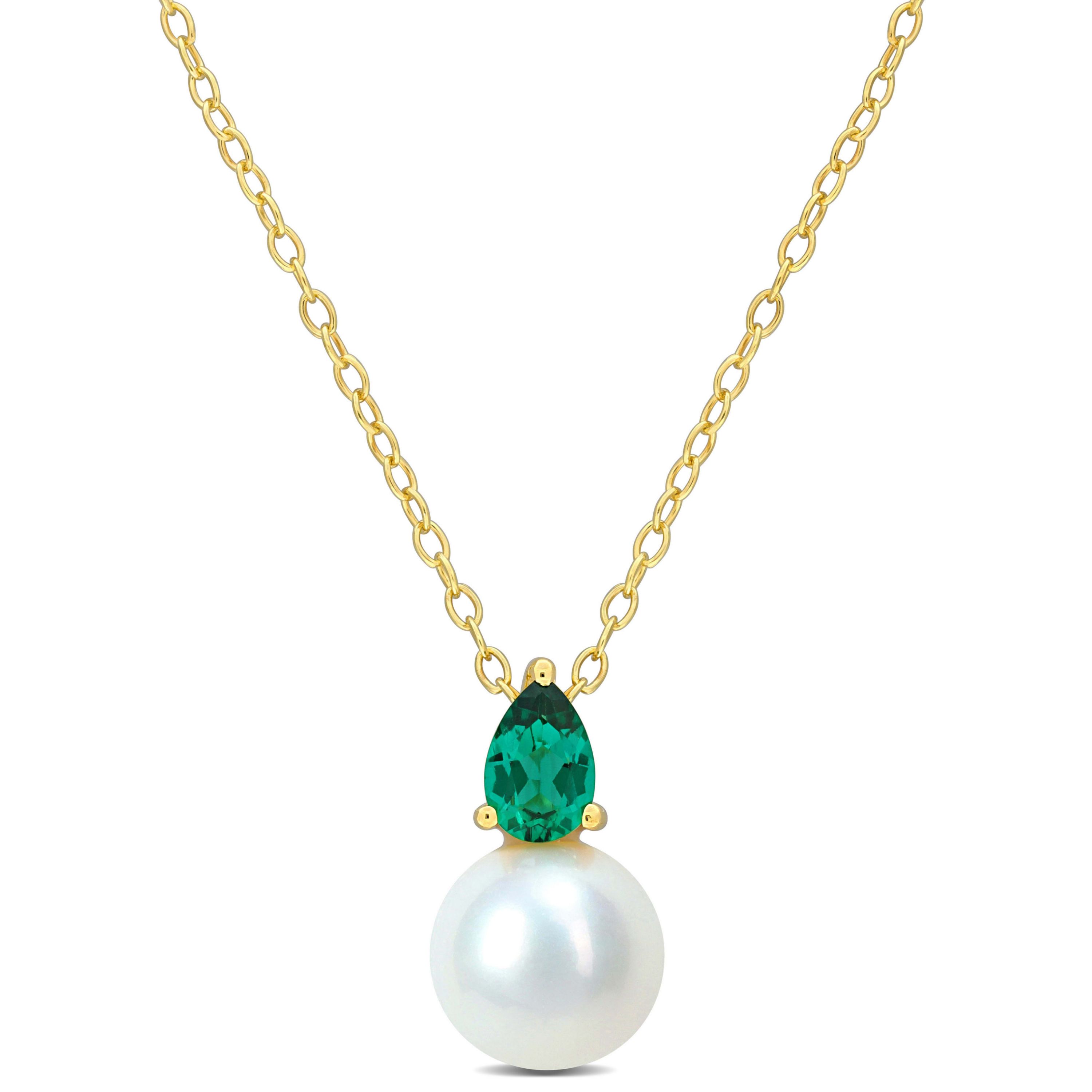 8.5-9MM Freshwater Cultured Pearl and Created Emerald Pendant with Chain in Yellow Plated Stering Silver