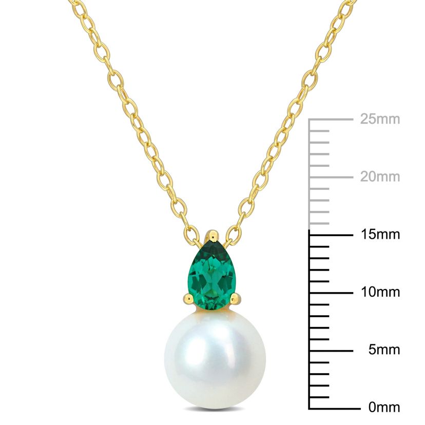 8.5-9MM Freshwater Cultured Pearl and Created Emerald Pendant with Chain in Yellow Plated Stering Silver