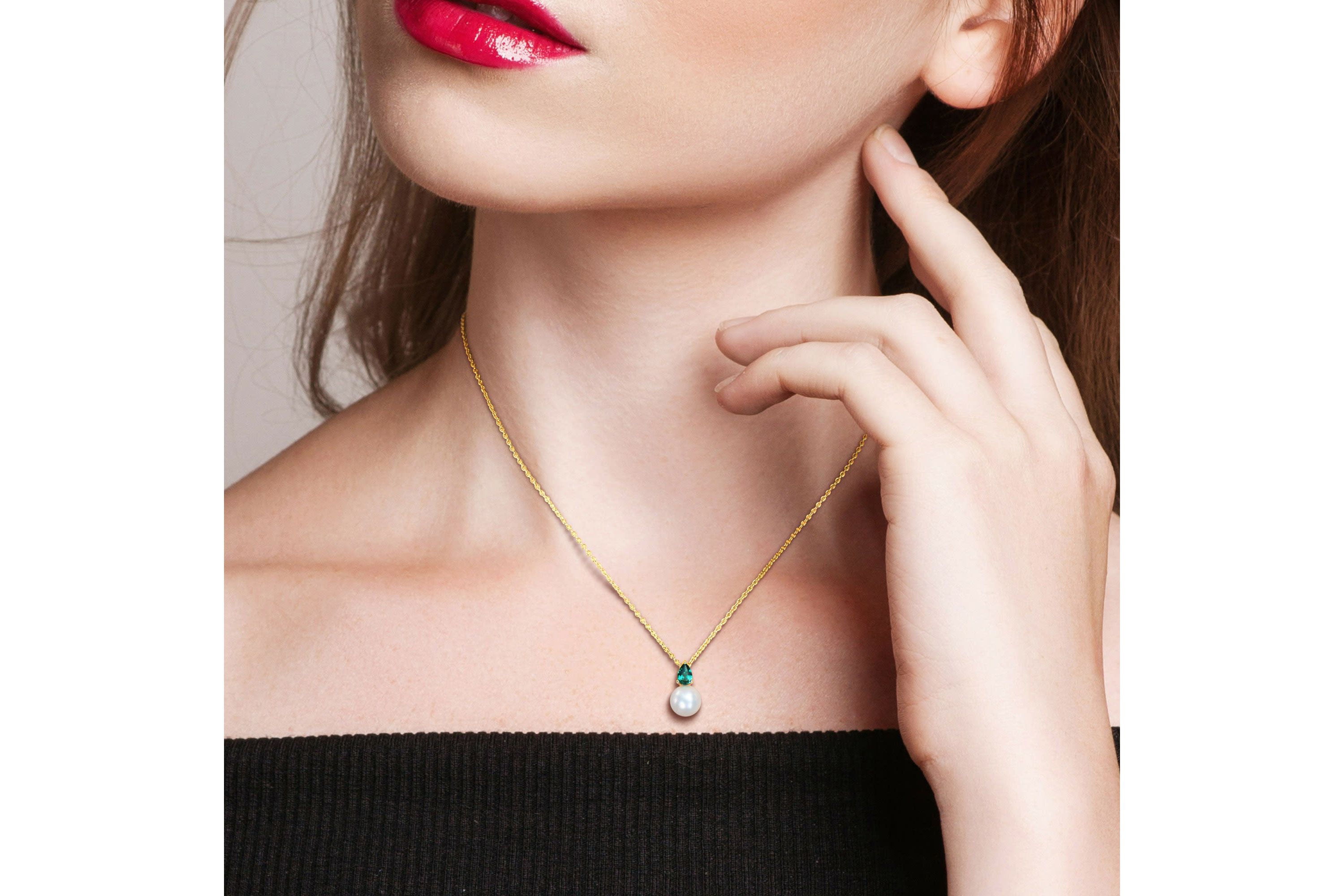 8.5-9MM Freshwater Cultured Pearl and Created Emerald Pendant with Chain in Yellow Plated Stering Silver