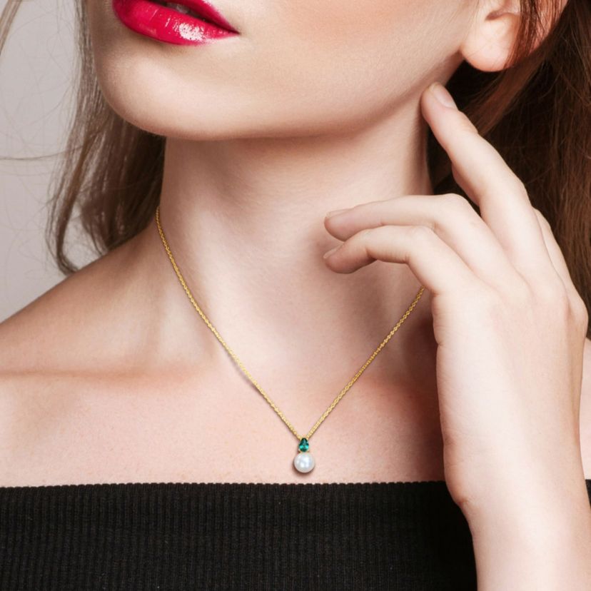 8.5-9MM Freshwater Cultured Pearl and Created Emerald Pendant with Chain in Yellow Plated Stering Silver