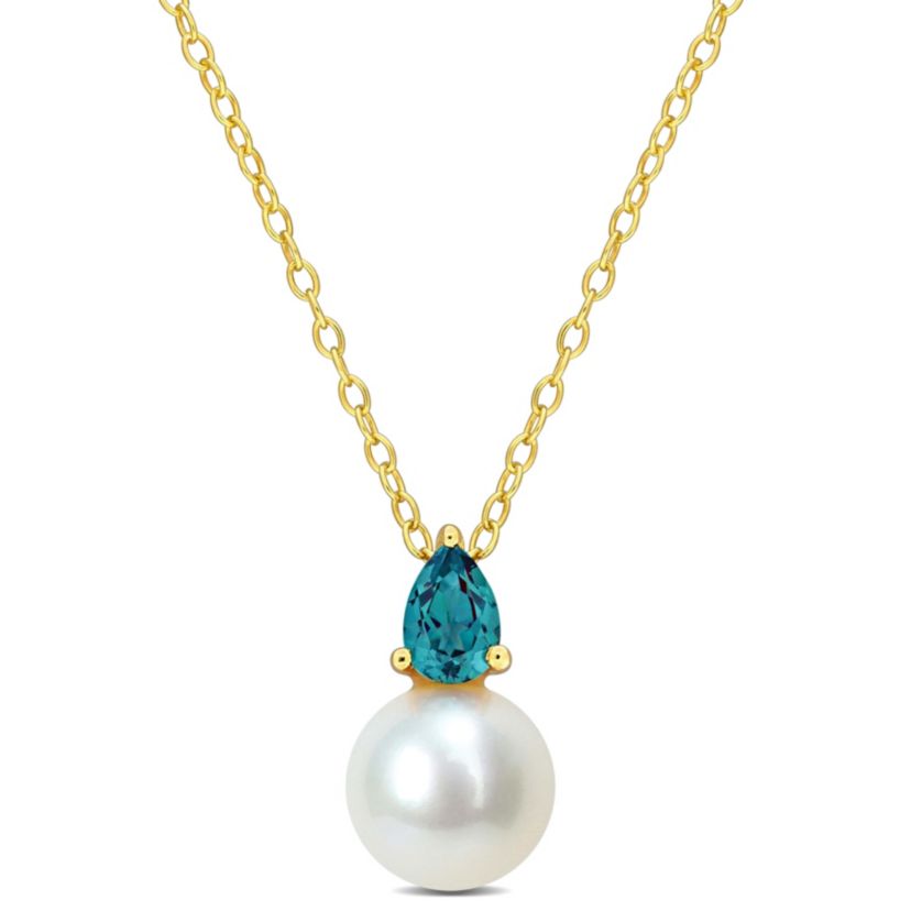 8.5-9MM Freshwater Cultured Pearl and Created Alexandrite Pendant with Chain in Yellow Plated Sterling Silver