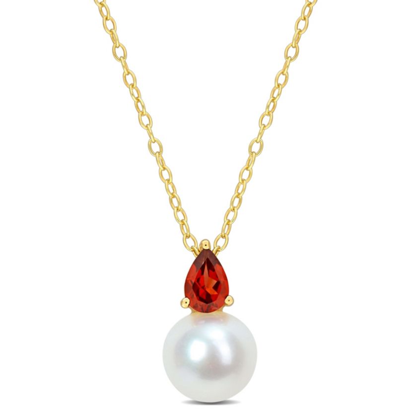 8.5-9MM Freshwater Cultured Pearl and Garnet Pendant with Chain in Yellow Plated Sterling Silver
