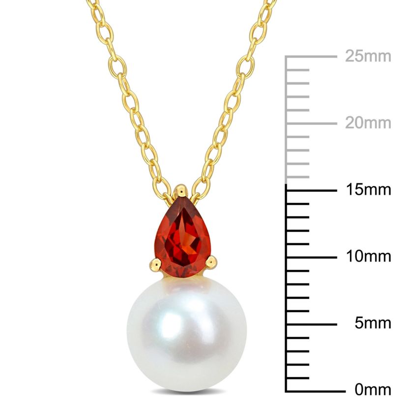 8.5-9MM Freshwater Cultured Pearl and Garnet Pendant with Chain in Yellow Plated Sterling Silver