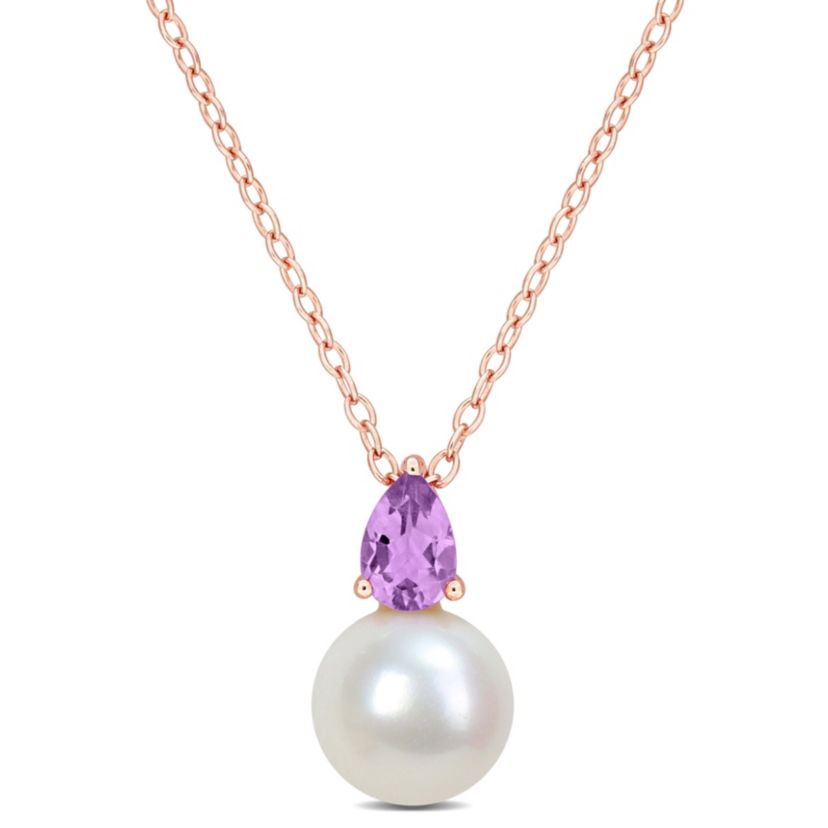 8.5-9MM Freshwater Cultured Pearl and Amethyst Pendant with Chain in Rose Plated Sterling Silver