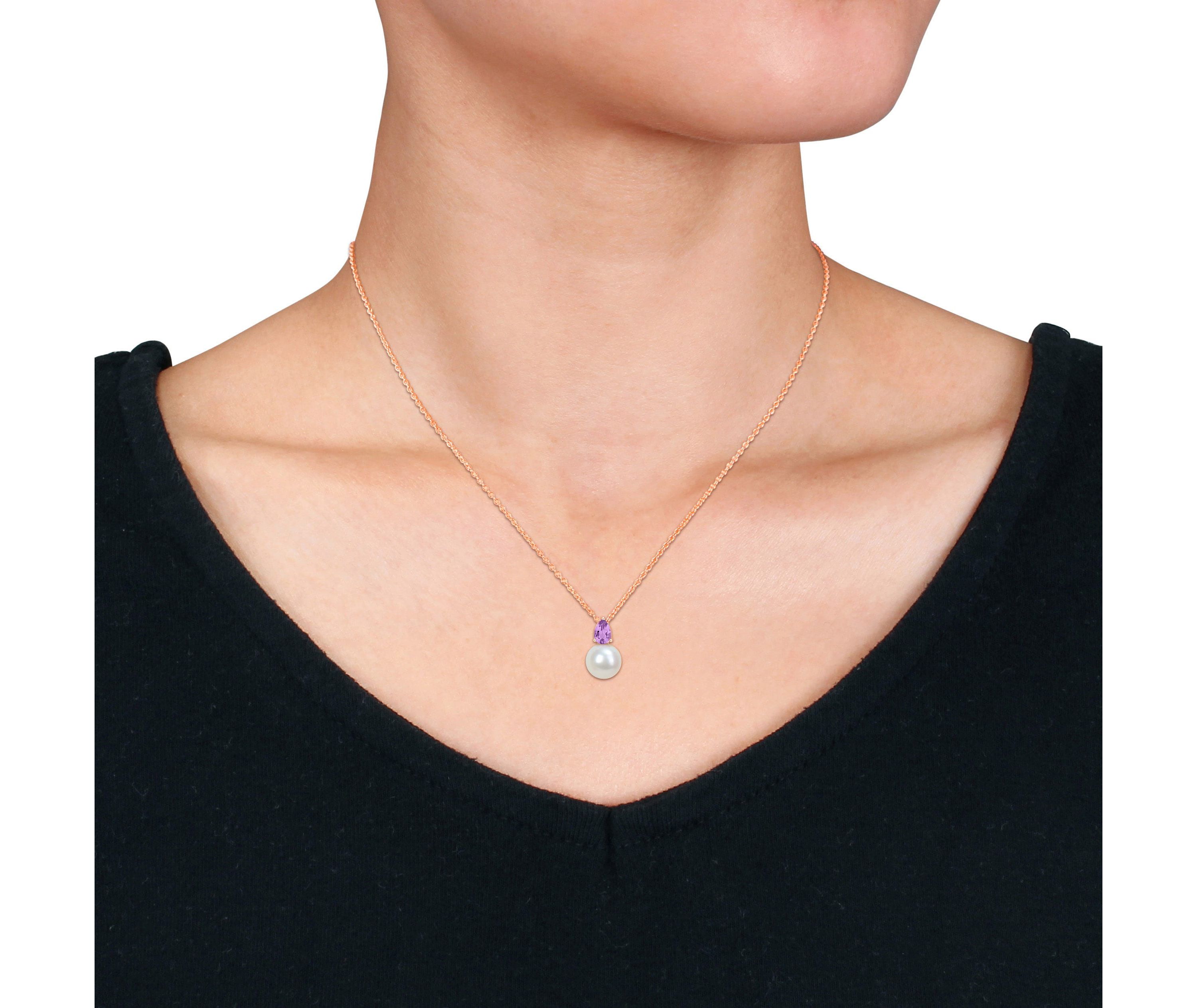 8.5-9MM Freshwater Cultured Pearl and Amethyst Pendant with Chain in Rose Plated Sterling Silver