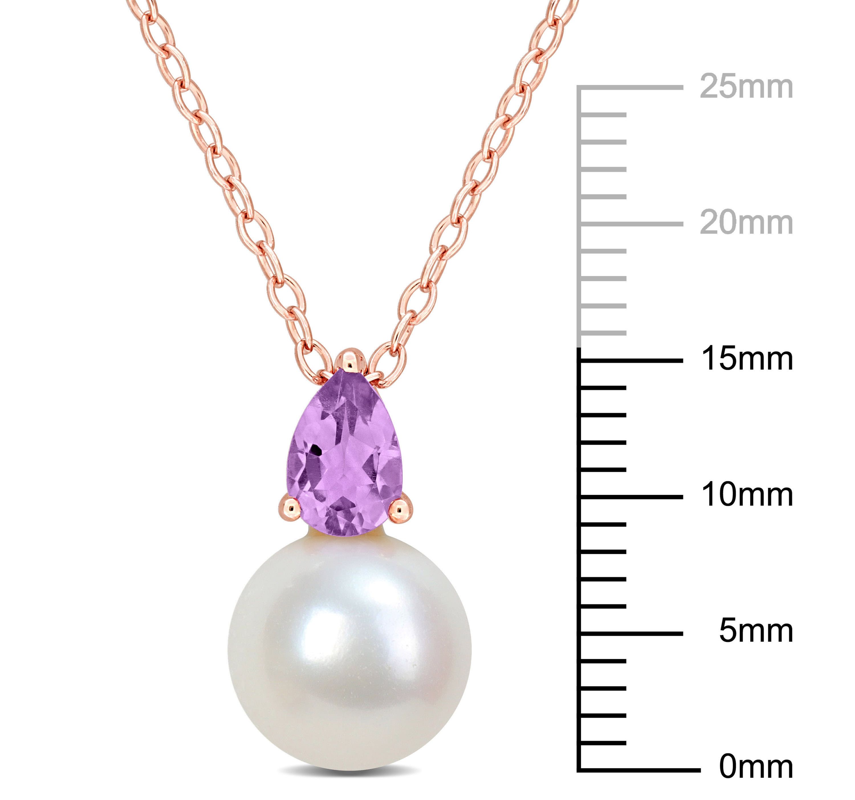 8.5-9MM Freshwater Cultured Pearl and Amethyst Pendant with Chain in Rose Plated Sterling Silver