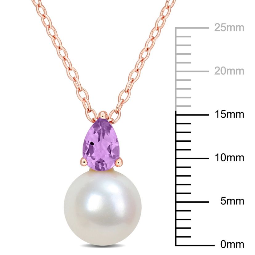 8.5-9MM Freshwater Cultured Pearl and Amethyst Pendant with Chain in Rose Plated Sterling Silver