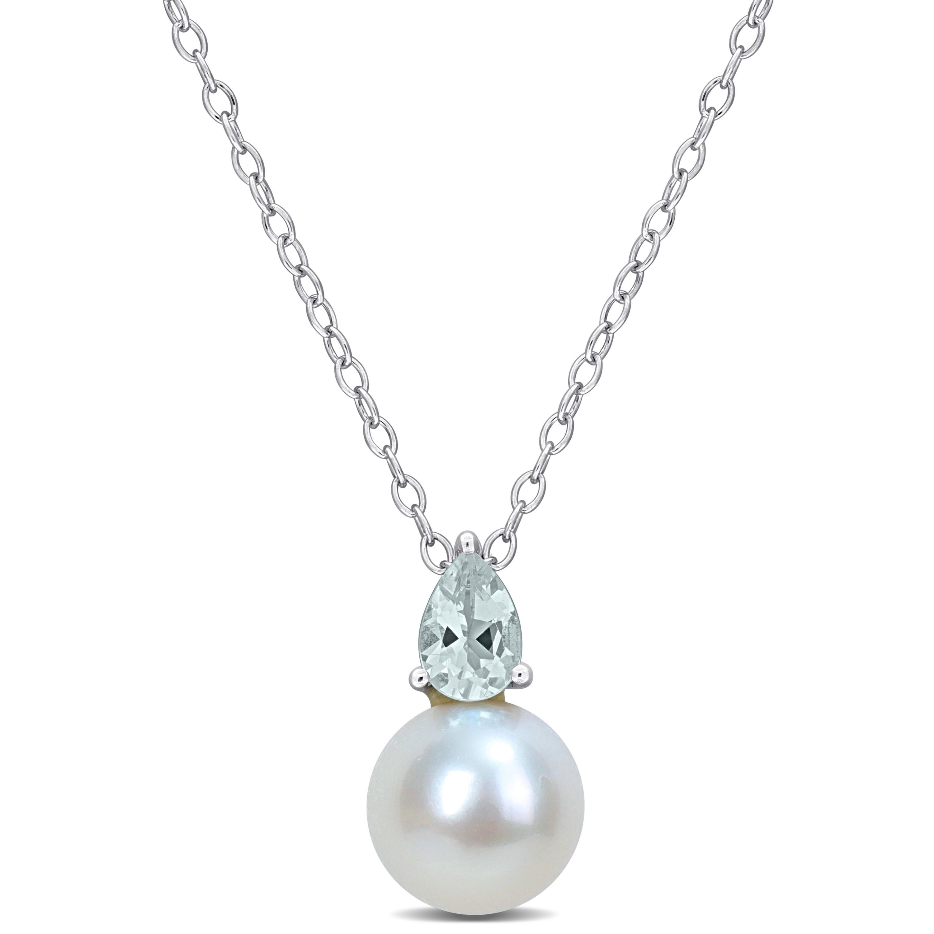 8.5-9MM Freshwater Cultured Pearl and Aquamarine Pendant with Chain in Sterling Silver