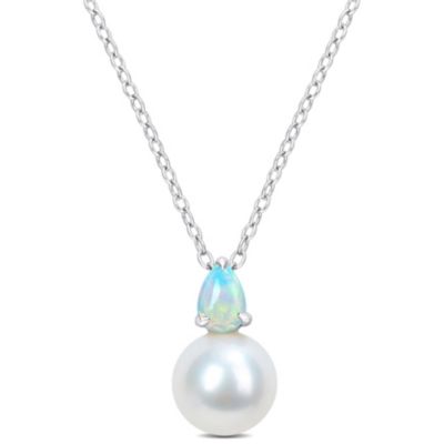 Belk & Co 8.5-9MM Freshwater Cultured Pearl and Ethiopian Opal Pendant with Chain in Sterling Silver, White
