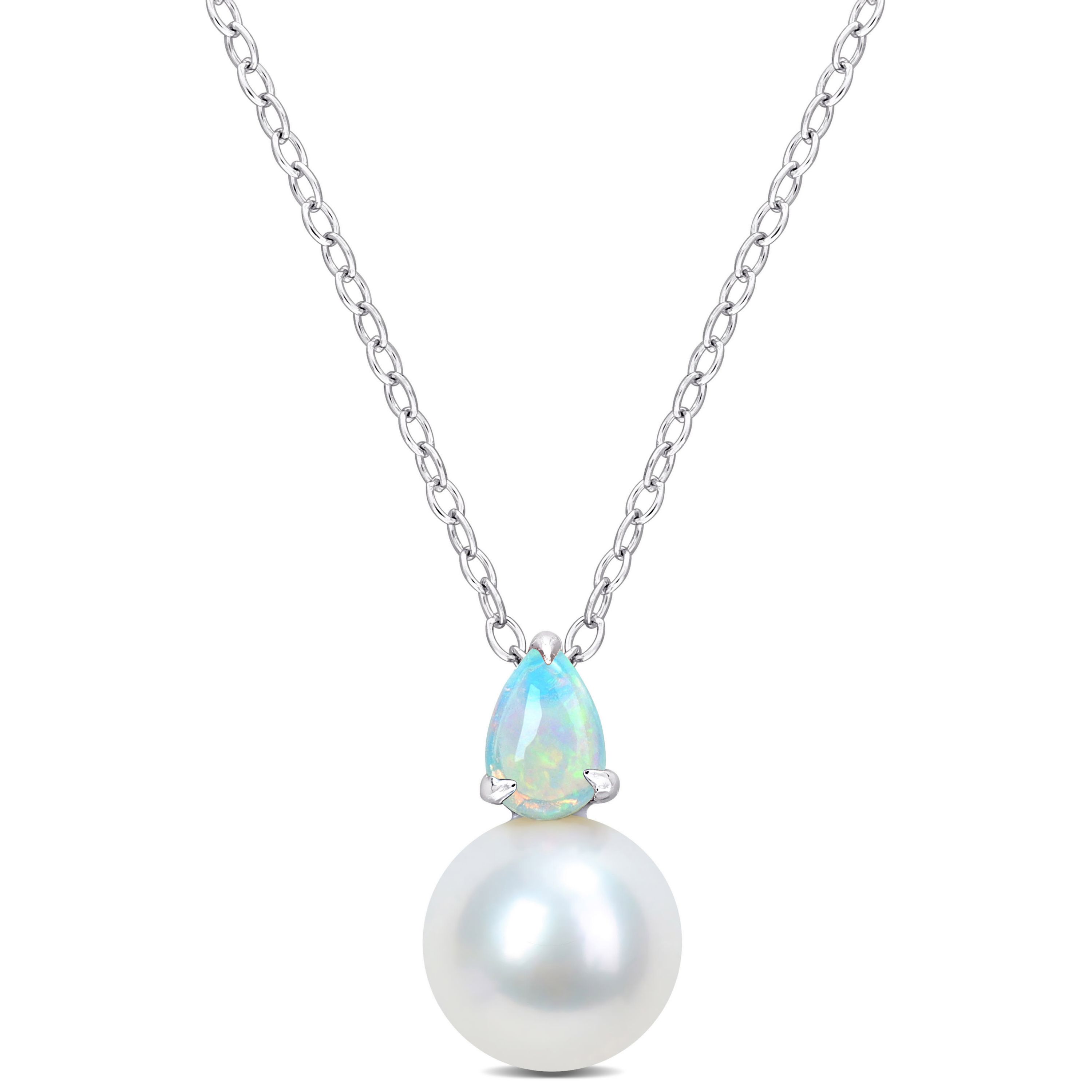 8.5-9MM Freshwater Cultured Pearl and Ethiopian Opal Pendant with Chain in Sterling Silver