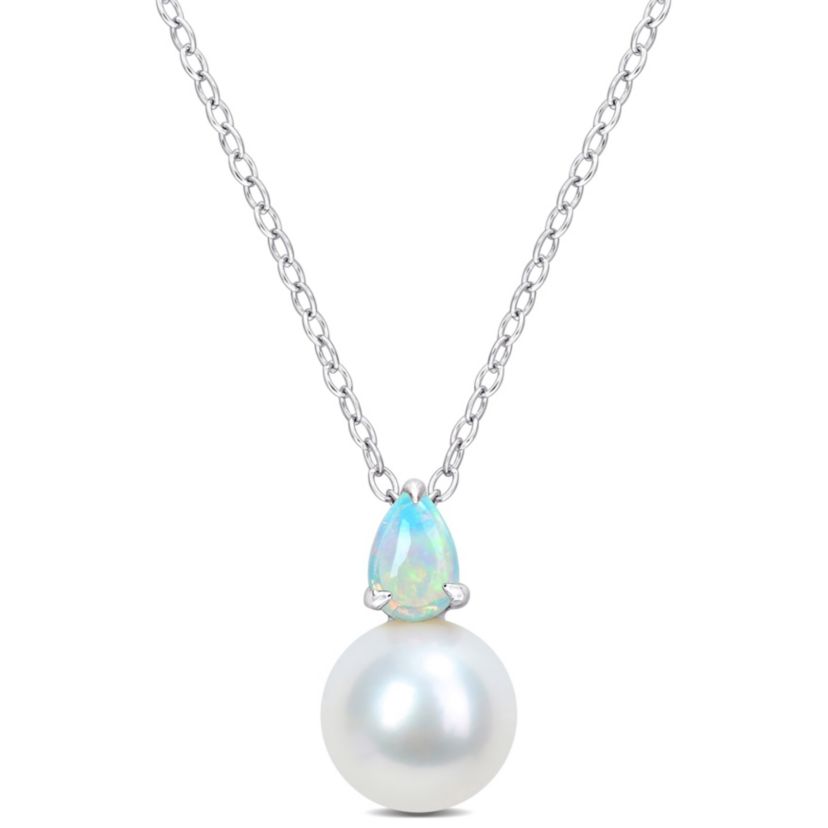 8.5-9MM Freshwater Cultured Pearl and Ethiopian Opal Pendant with Chain in Sterling Silver