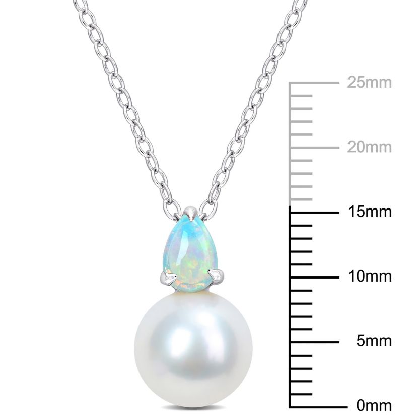 8.5-9MM Freshwater Cultured Pearl and Ethiopian Opal Pendant with Chain in Sterling Silver