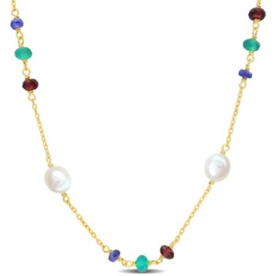Belk & Co Blue Sapphire, Garnet and Green Onyx Beads with 5-6.5mm Freshwater Cultured Pearl Necklace in Yellow Plated Sterling Silver