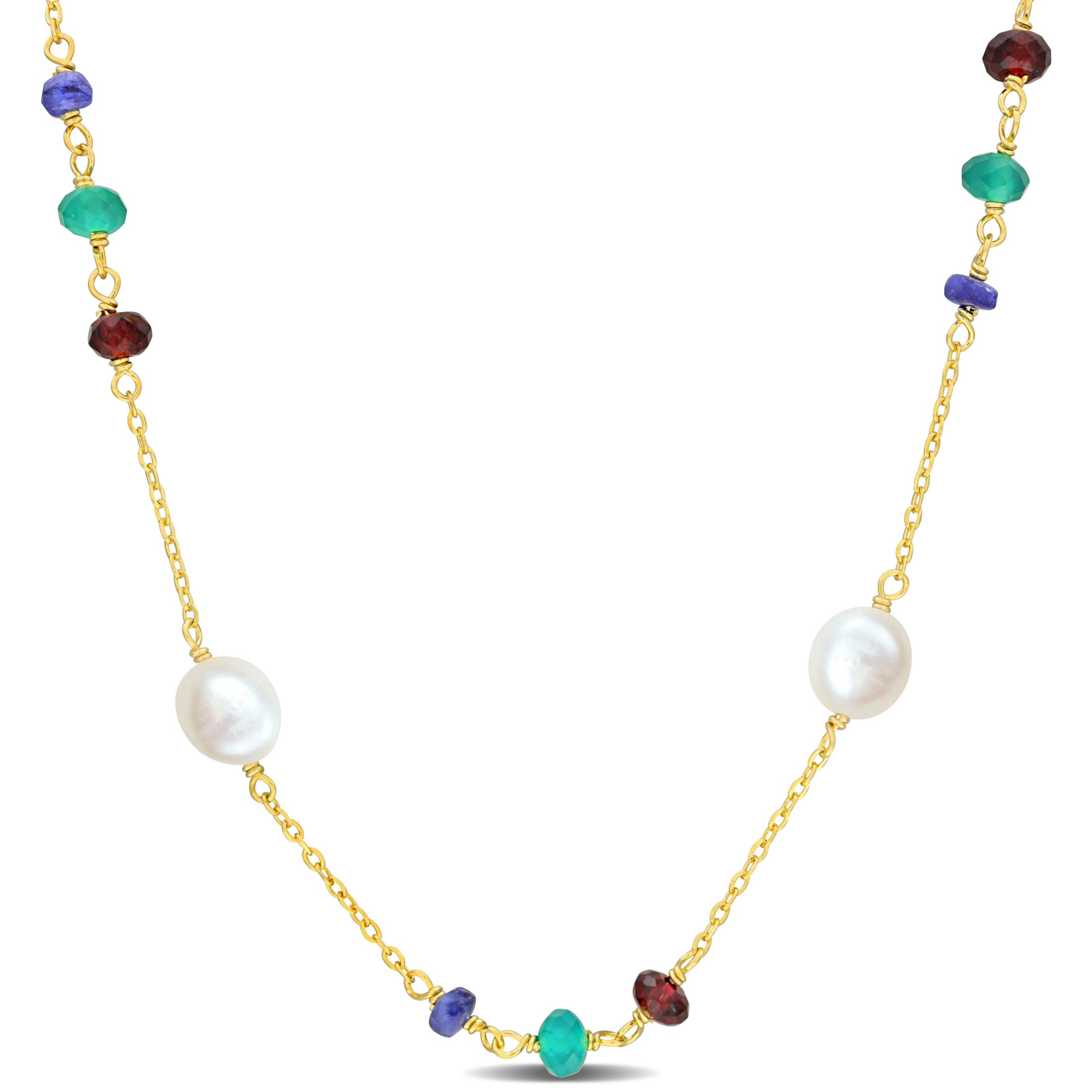 Blue Sapphire, Garnet and Green Onyx Beads with 5-6.5mm Freshwater Cultured Pearl Necklace in Yellow Plated Sterling Silver