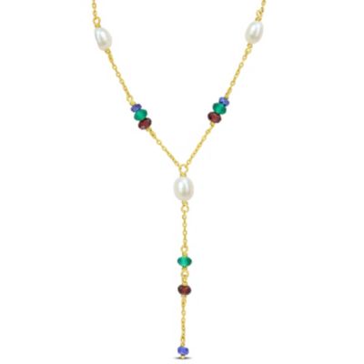 Belk & Co Blue Sapphire, Garnet and Green Onyx Beads with 4-6.5mm Freshwater Cultured Pearl Y Necklace in Yellow Plated Sterling Silver