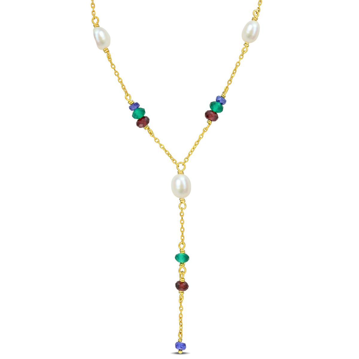 Blue Sapphire, Garnet and Green Onyx Beads with 4-6.5mm Freshwater Cultured Pearl Y Necklace in Yellow Plated Sterling Silver