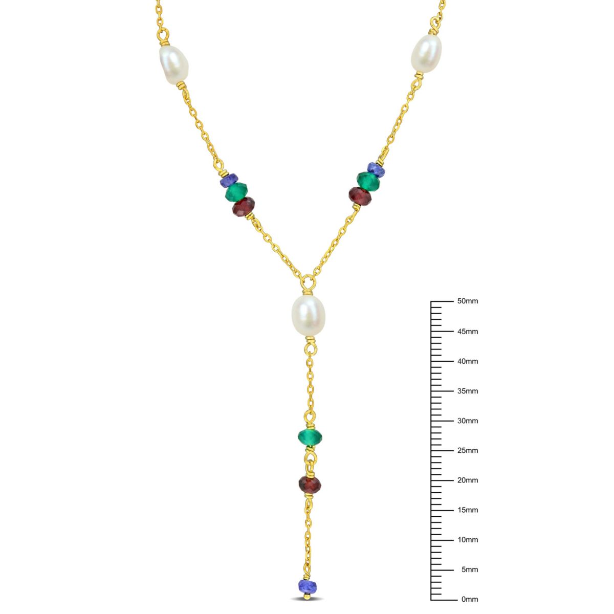 Blue Sapphire, Garnet and Green Onyx Beads with 4-6.5mm Freshwater Cultured Pearl Y Necklace in Yellow Plated Sterling Silver