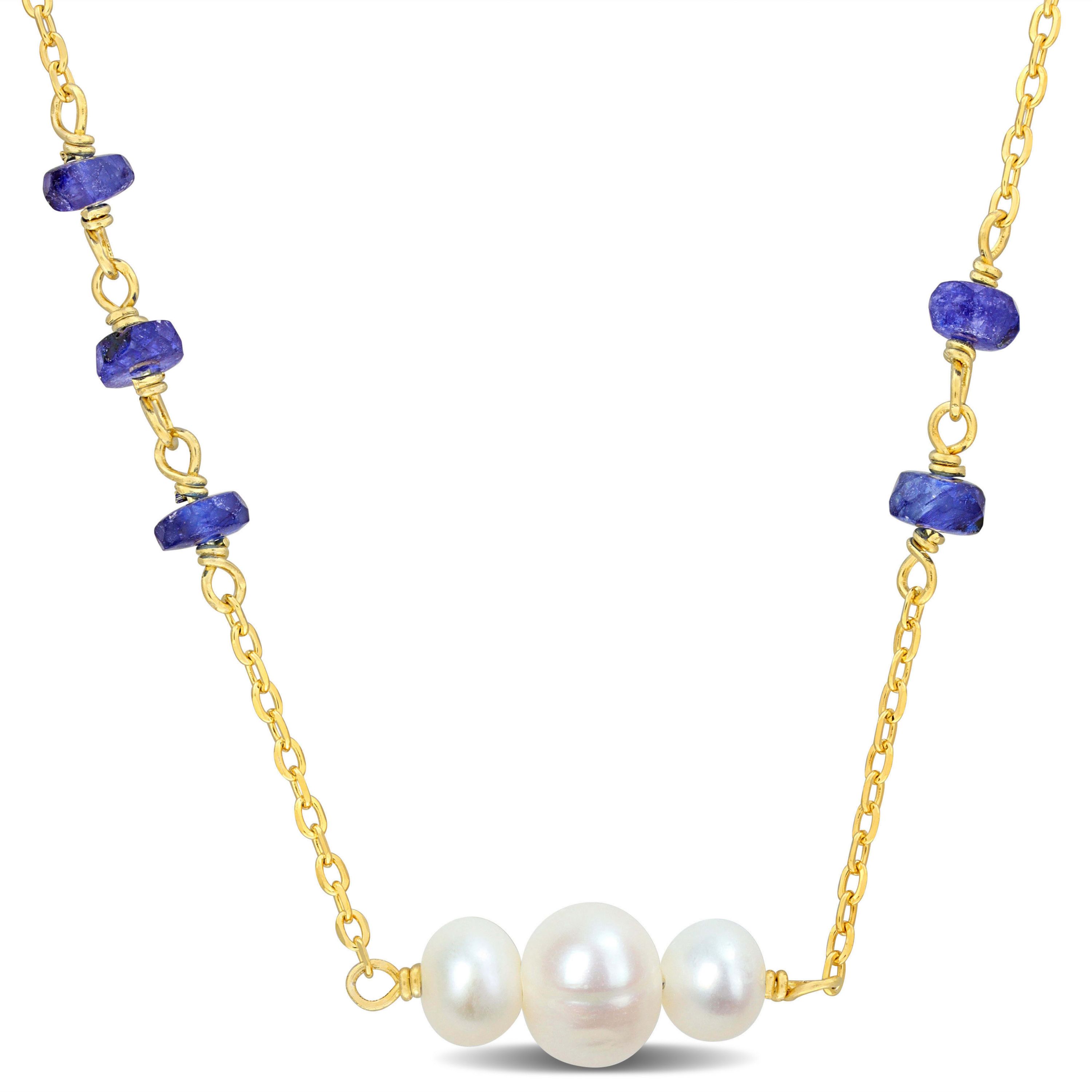 Blue Sapphire Beads and 4-6.5mm Freshwater Cultured Pearl Necklace in Yellow Plated Sterling Silver