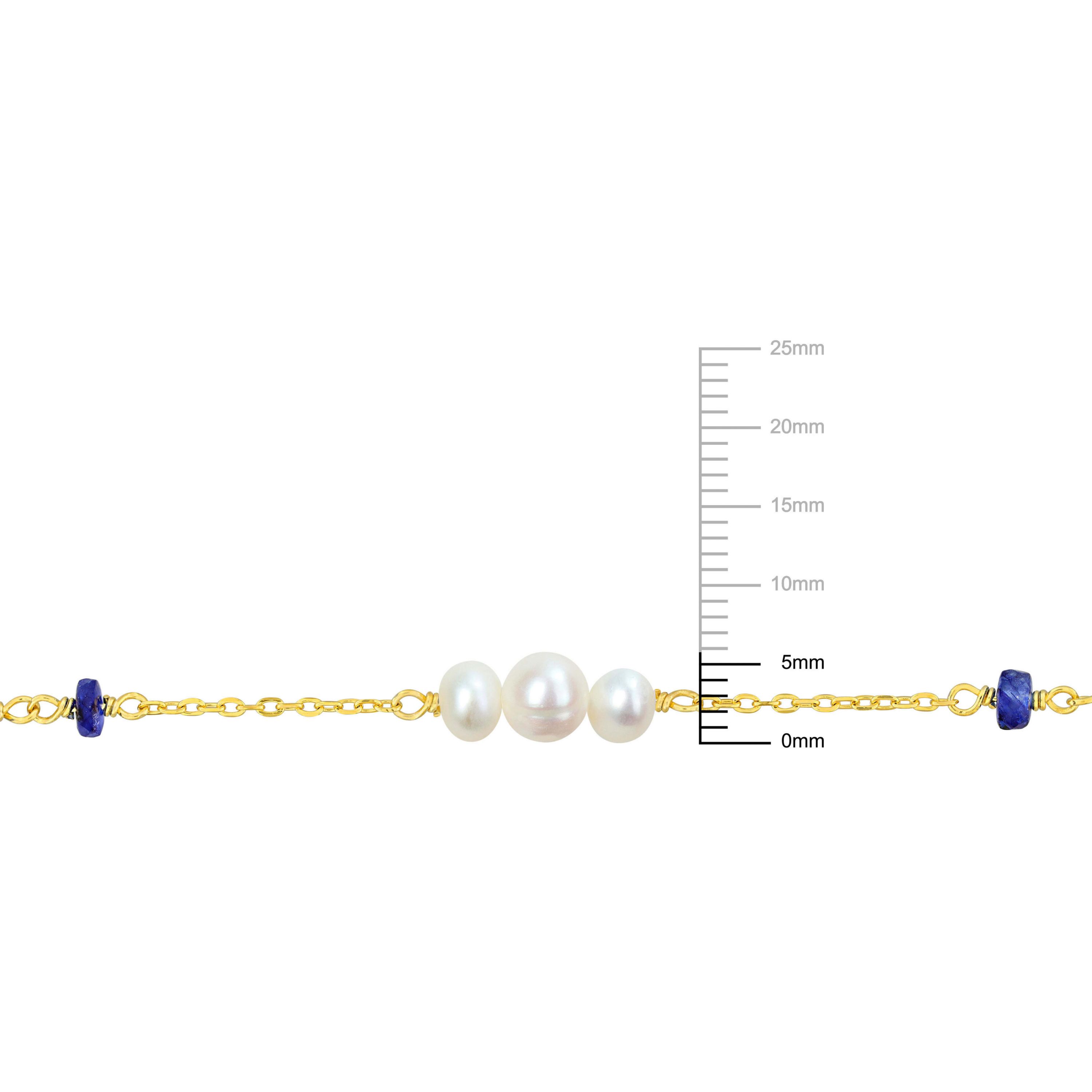 Blue Sapphire Beads and 4-6.5mm Freshwater Cultured Pearl Necklace in Yellow Plated Sterling Silver