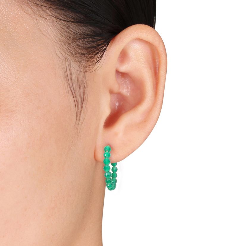 Green Onyx Beaded Facetted Hoop Earrings in Yellow Plated Sterling Silver