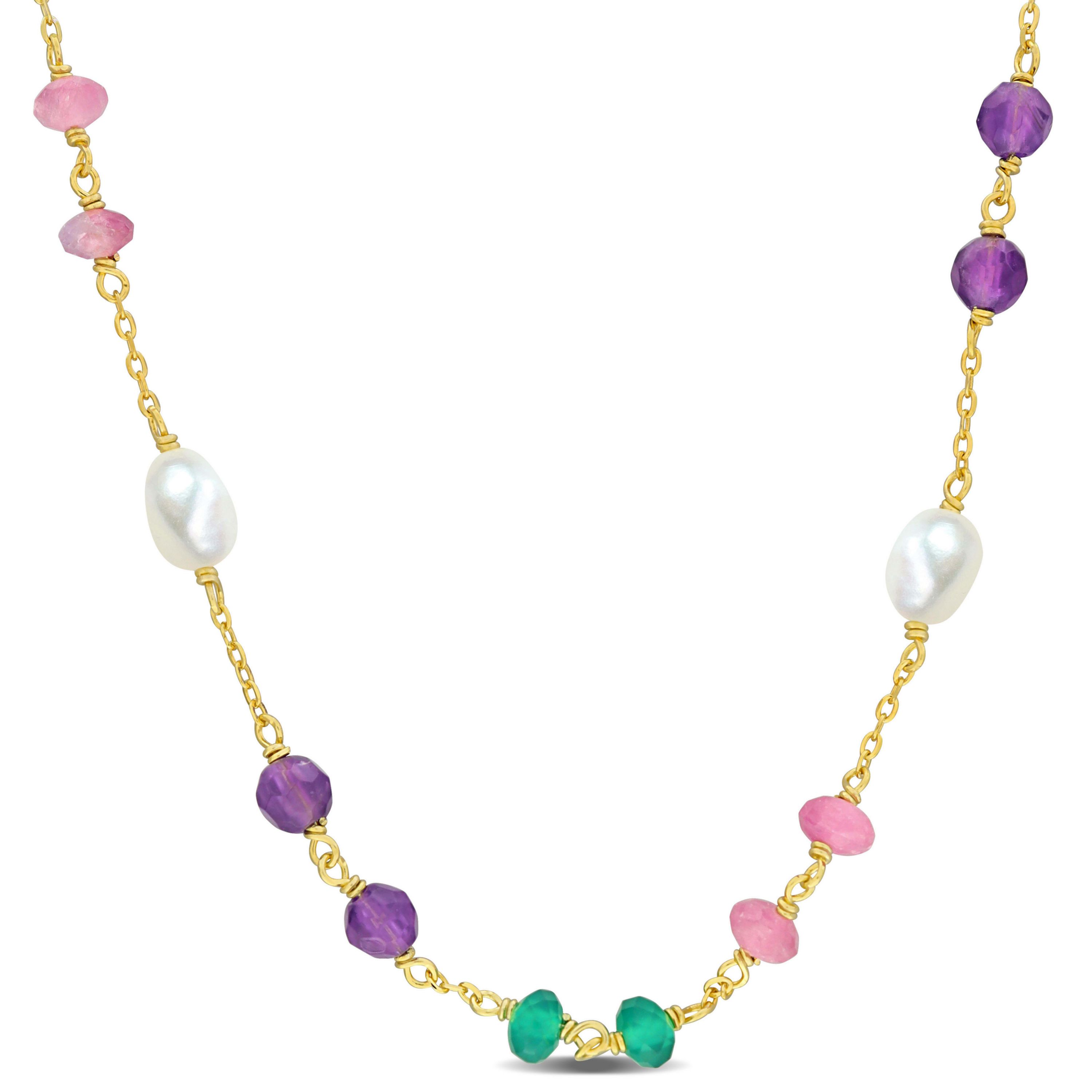 Amethyst, Green Onyx and Pink Tourmaline Beads with 4-5.5mm Freshwater Cultured Pearl Necklace in Yellow Plated Sterling Silver