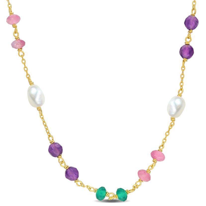 Amethyst, Green Onyx and Pink Tourmaline Beads with 4-5.5mm Freshwater Cultured Pearl Necklace in Yellow Plated Sterling Silver