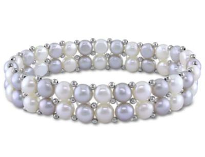 Haylee Jewels 6-7mm Light Grey and White Freshwater Cultured Pearl Double-Row Elastic Bracelet with Brass Beads
