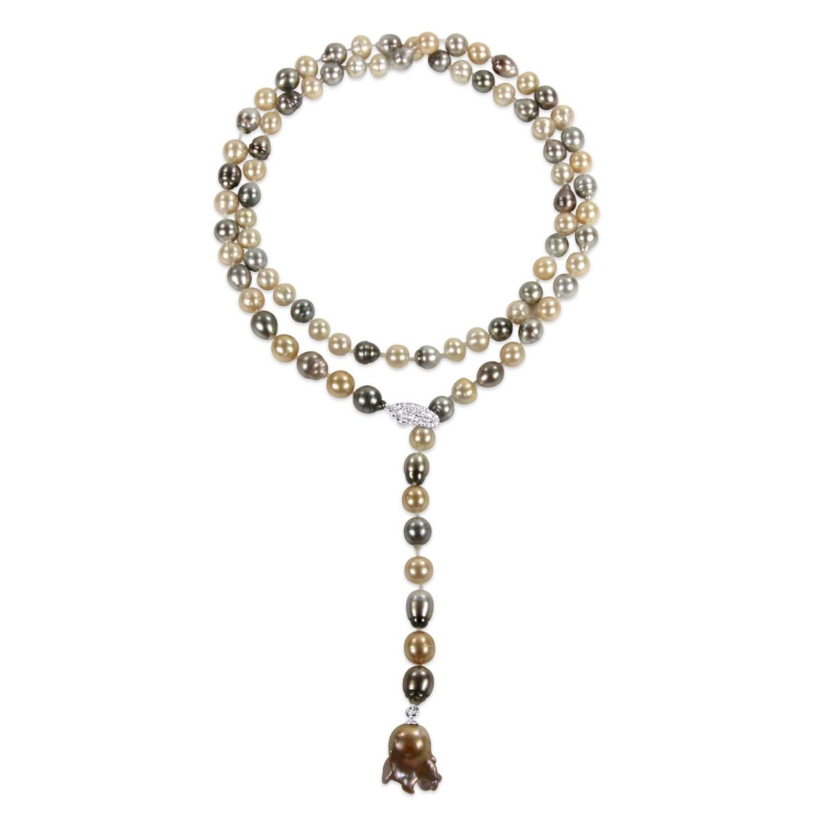 9-10mm Multi-Color Tahitian & South Sea Cultured Pearl with 14-14.5mm Golden Freshwater Cultured Pearl Lariat Necklace in Sterling Silver