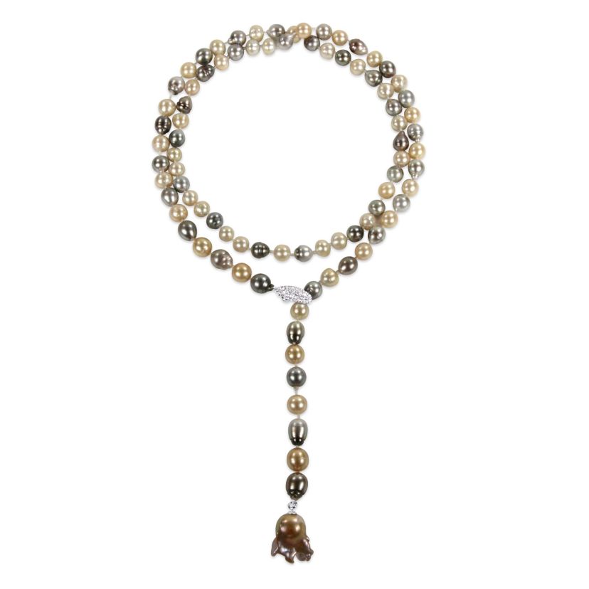 9-10mm Multi-Color Tahitian & South Sea Cultured Pearl with 14-14.5mm Golden Freshwater Cultured Pearl Lariat Necklace in Sterling Silver