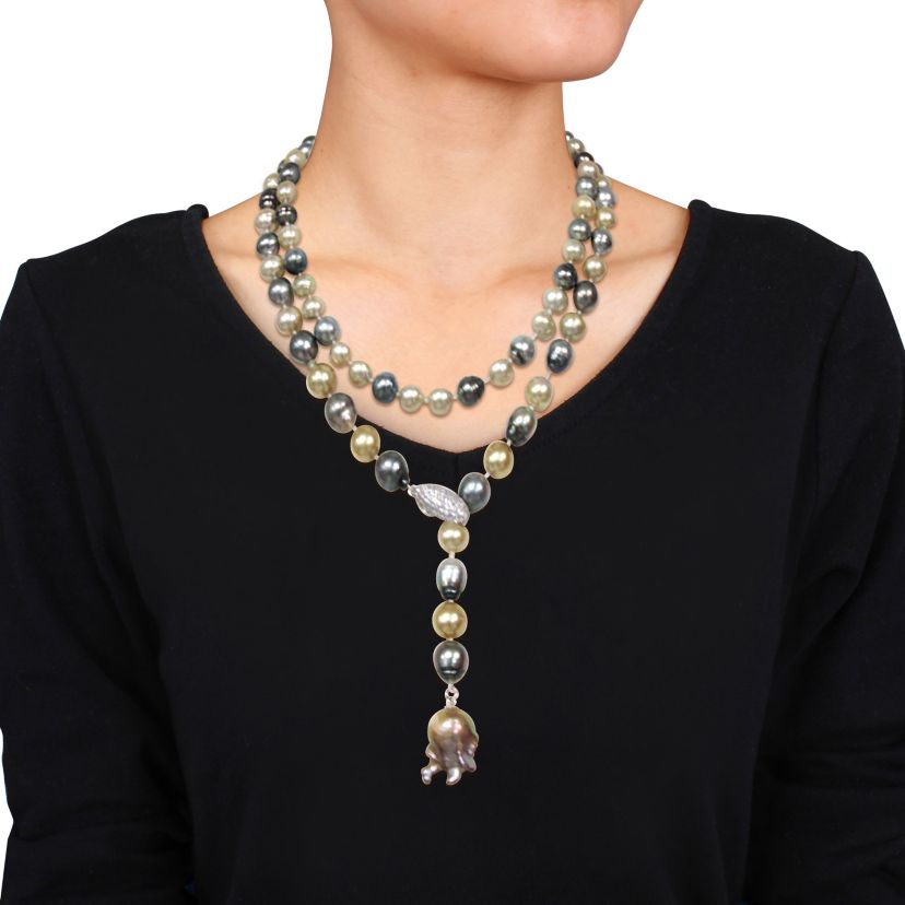 9-10mm Multi-Color Tahitian & South Sea Cultured Pearl with 14-14.5mm Golden Freshwater Cultured Pearl Lariat Necklace in Sterling Silver