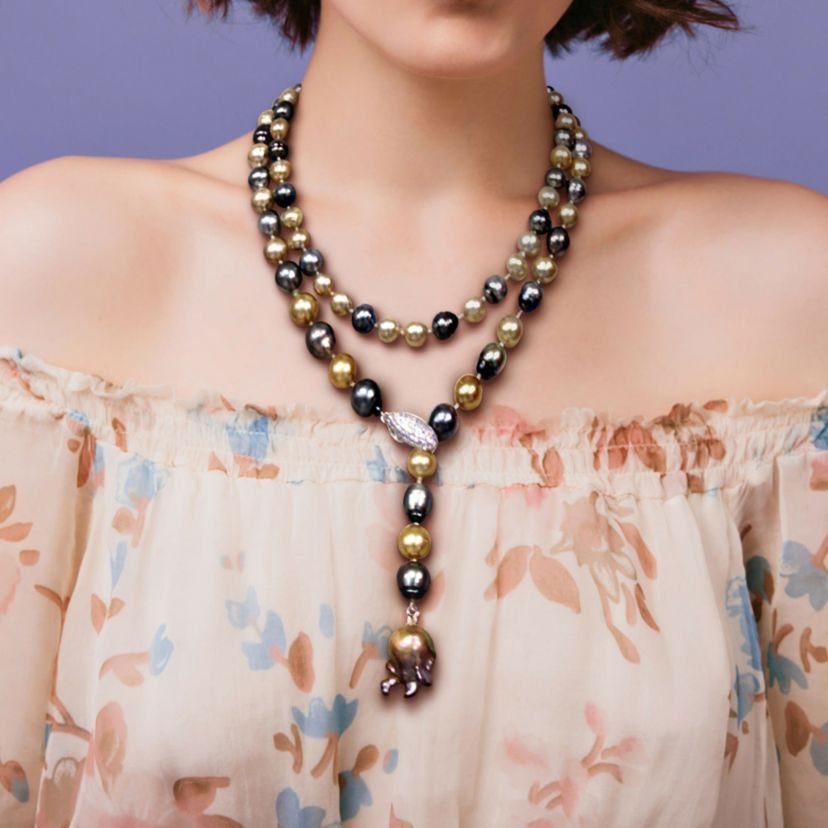 9-10mm Multi-Color Tahitian & South Sea Cultured Pearl with 14-14.5mm Golden Freshwater Cultured Pearl Lariat Necklace in Sterling Silver