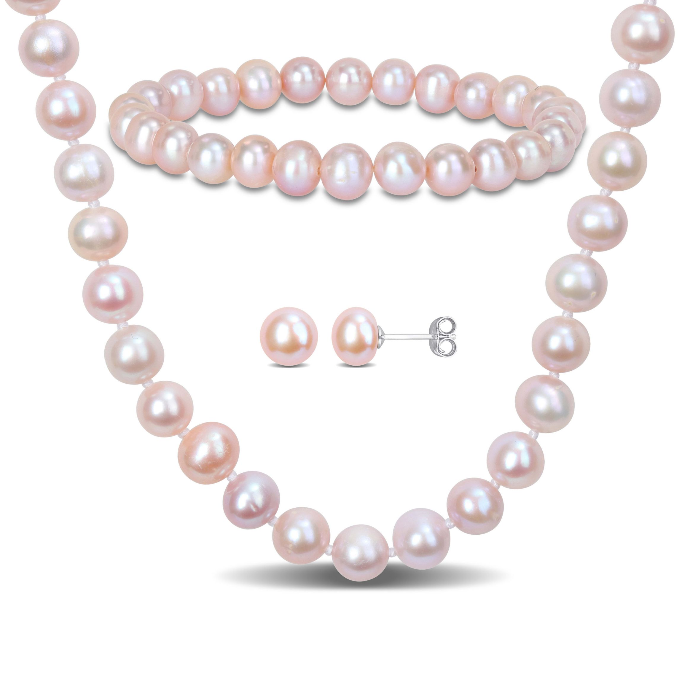 3-Pc Set of 6.5-8mm Pink Freshwater Cultured Pearl Necklace, Bracelet and Earrings in Sterling Silver