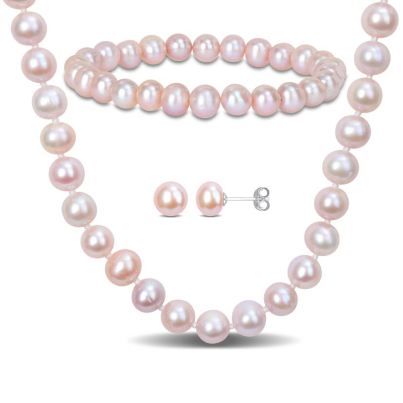 3-Pc Set of 6.5-8mm Pink Freshwater Cultured Pearl Necklace, Bracelet and Earrings in Sterling Silver