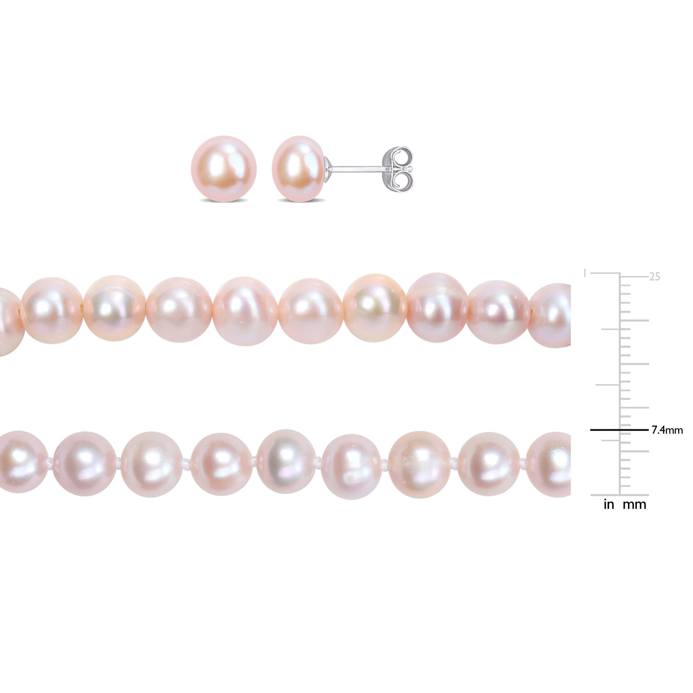 3-Pc Set of 6.5-8mm Pink Freshwater Cultured Pearl Necklace, Bracelet and Earrings in Sterling Silver