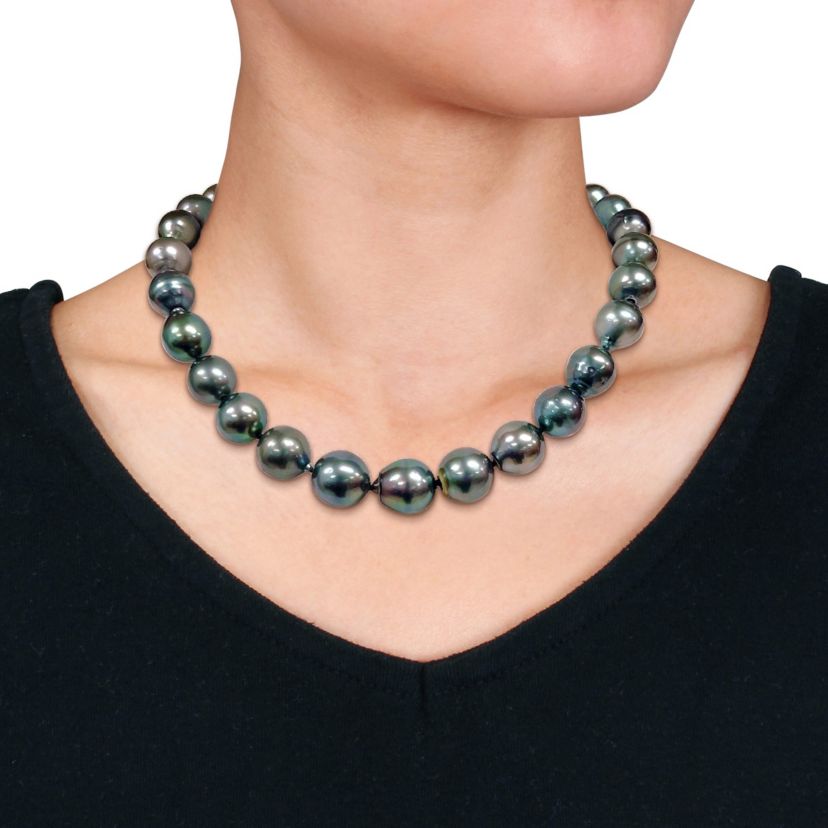 12-15mm Black Tahitian Cultured Pearl Necklace with 14K White Gold Ball Clasp