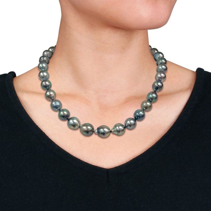 11-13mm Black Tahitian Cultured Pearl Necklace with 14K White Gold Ball Clasp