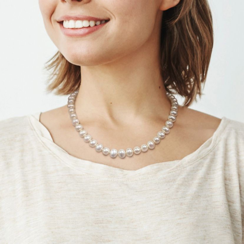 8-9mm Freshwater Cultured Pearl Necklace with 14K Yellow Gold Fisheye Clasp