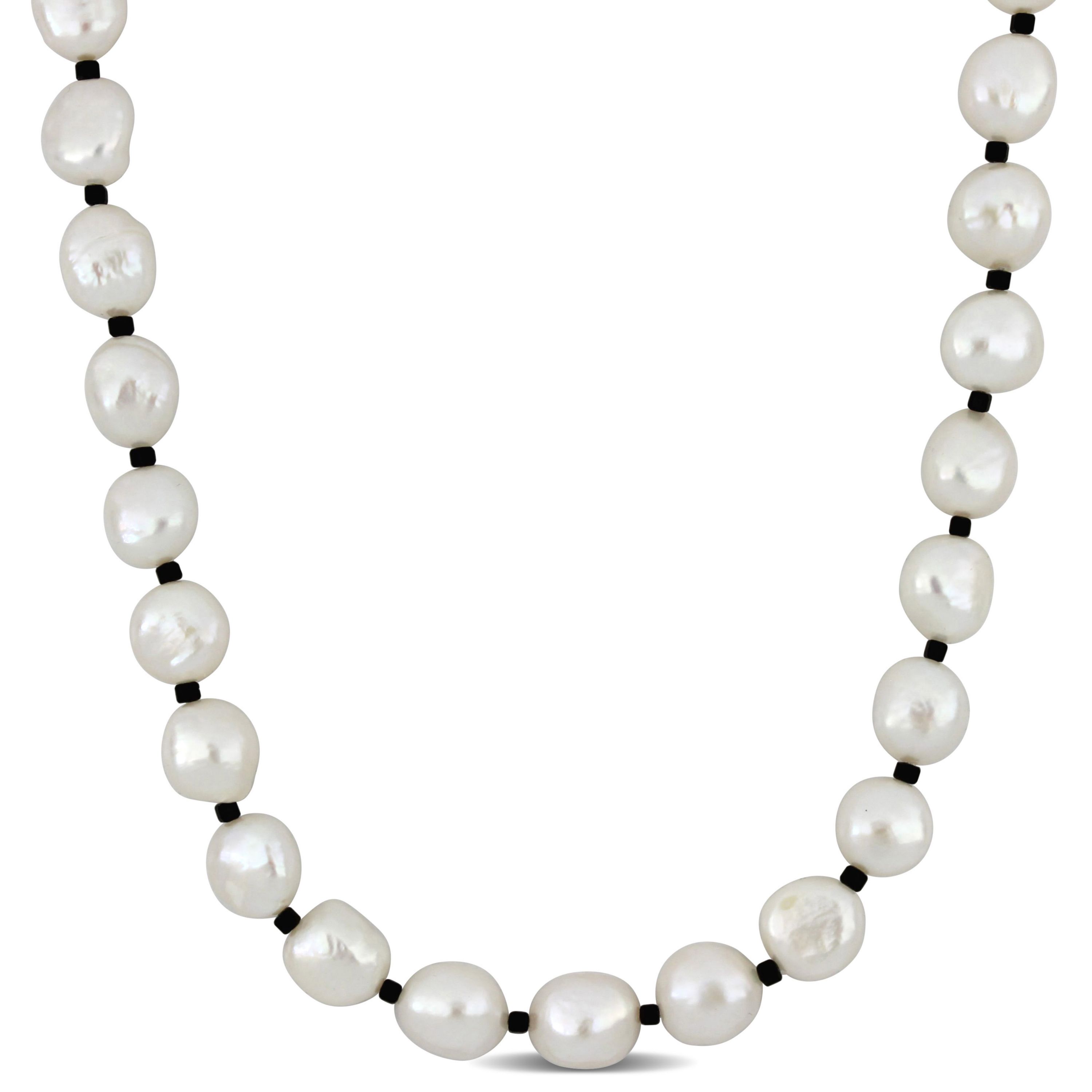 9-10mm Freshwater Cultured Pearl and Black Spinel Beads Necklace with Sterling Silver Lobster clasp