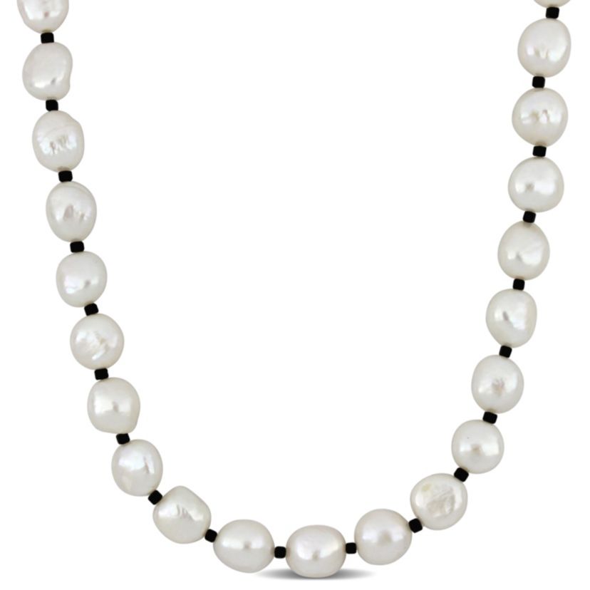 9-10mm Freshwater Cultured Pearl and Black Spinel Beads Necklace with Sterling Silver Lobster clasp