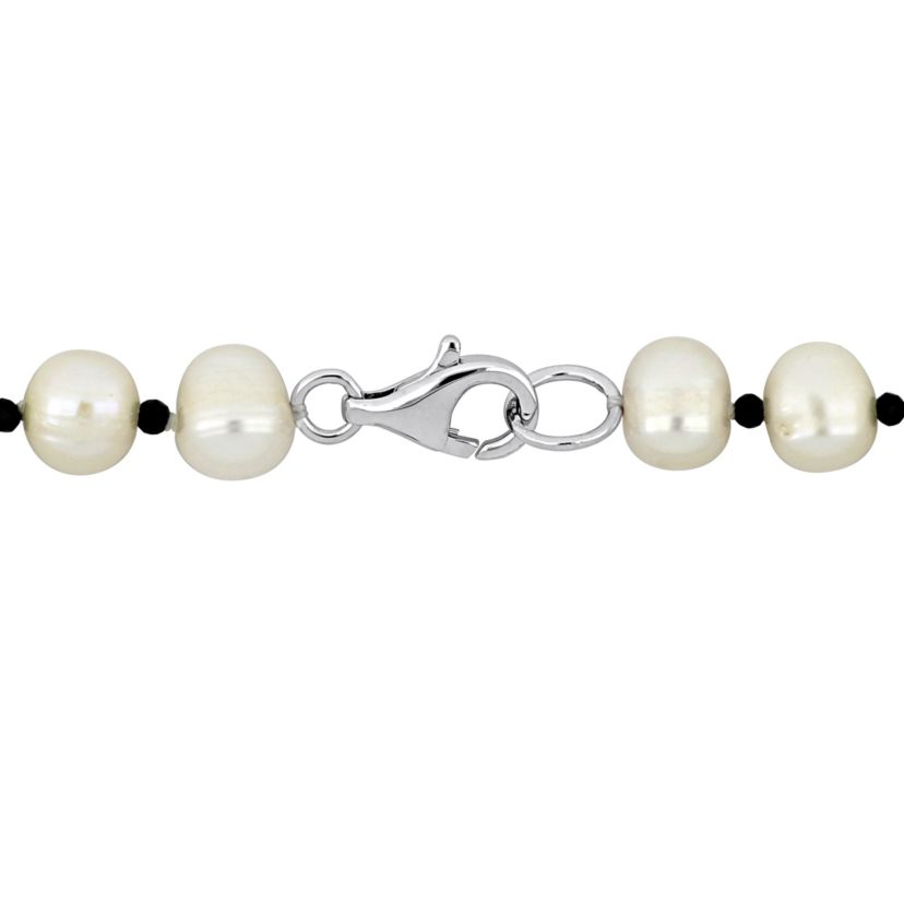 7-8mm Freshwater Cultured Pearl and Black Spinel Beads Necklace with Sterling Silver Lobster clasp
