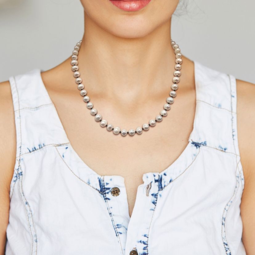 7-8mm Freshwater Cultured Pearl and Black Spinel Beads Necklace with Sterling Silver Lobster clasp