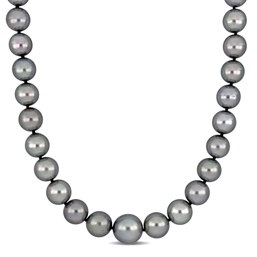 10-12mm Platinum Tahitian Cultured Pearl Necklace with 14K White Gold Ball Clasp with Diamond Accent