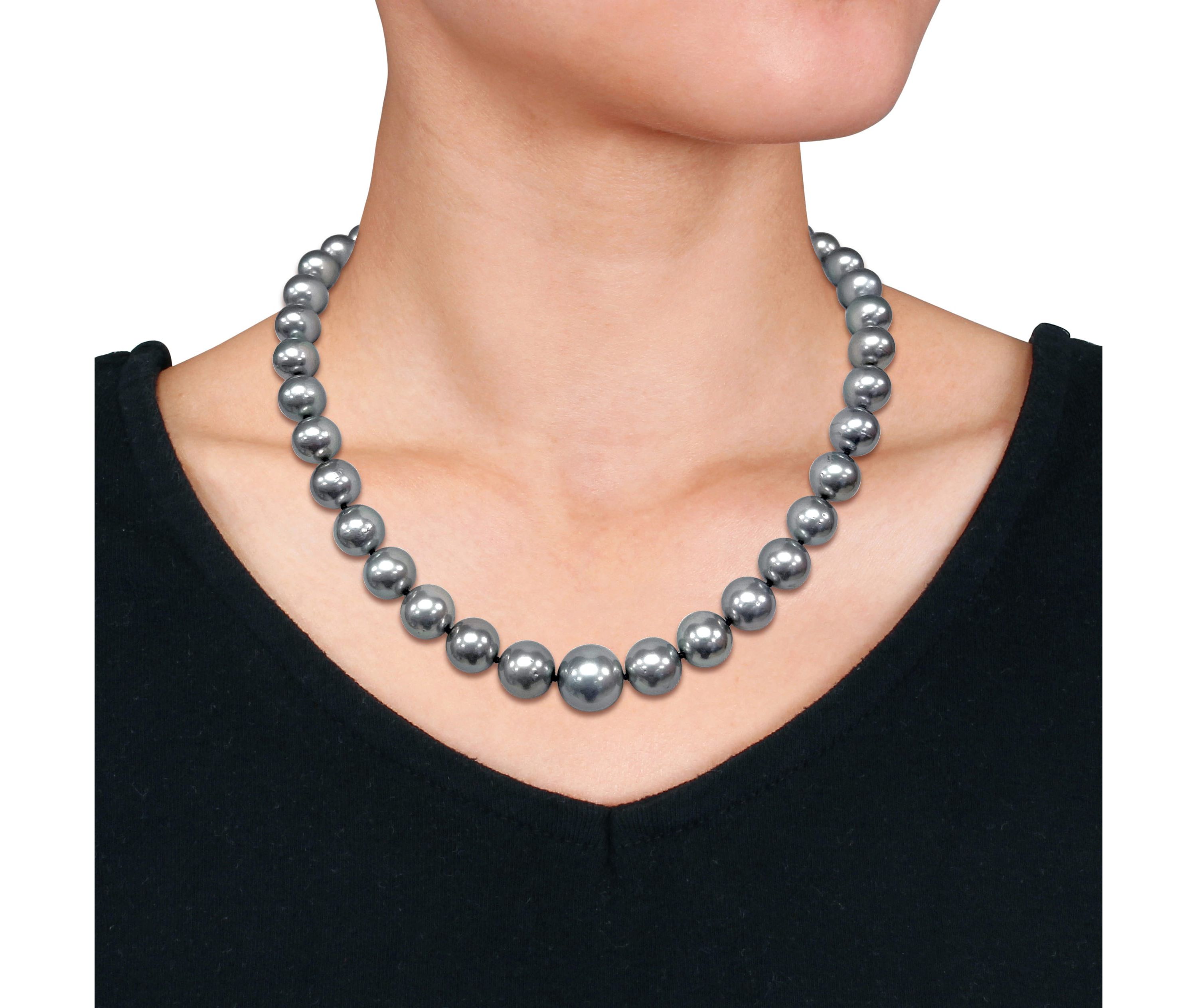 10-12mm Platinum Tahitian Cultured Pearl Necklace with 14K White Gold Ball Clasp with Diamond Accent